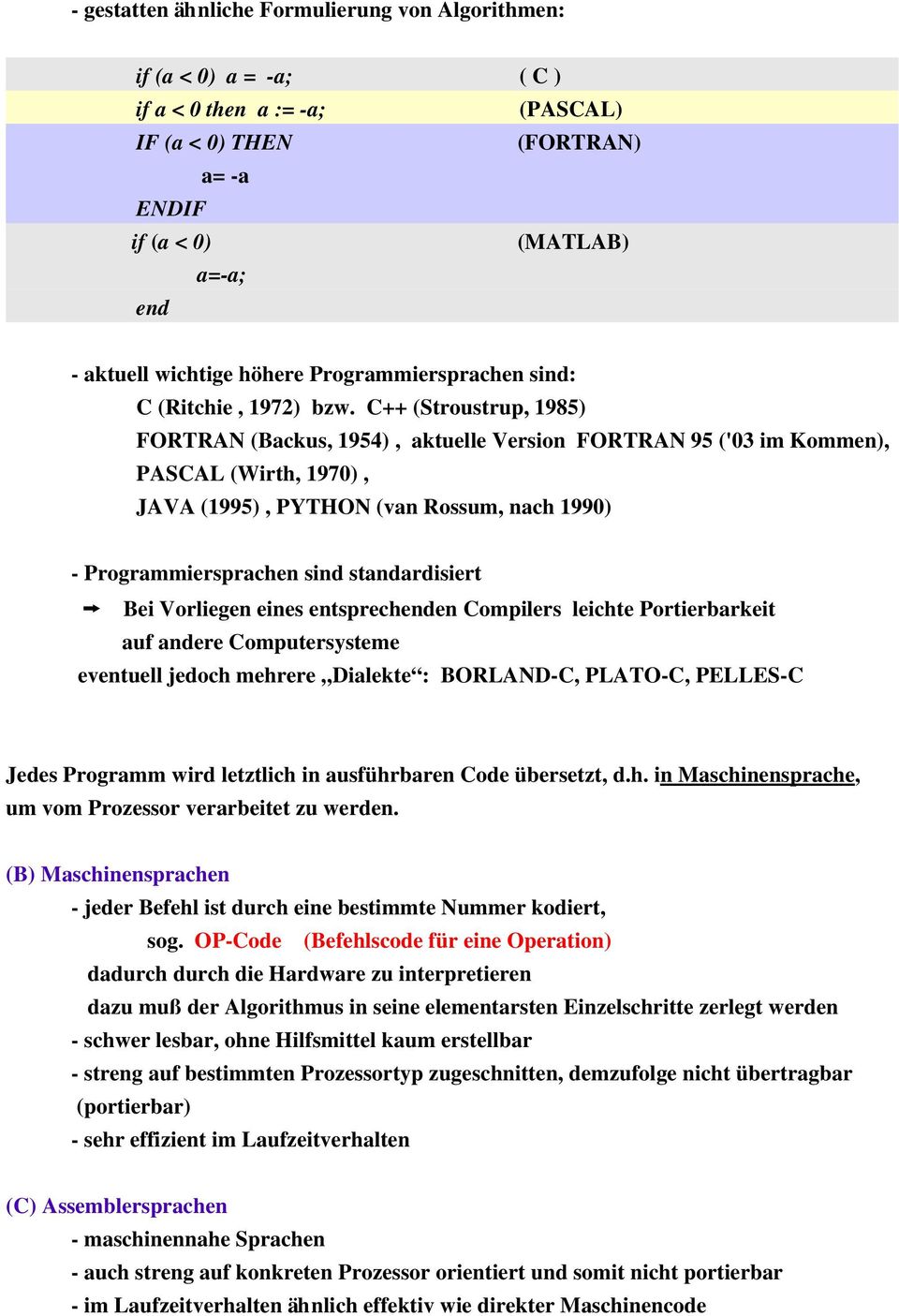 C++ (Stroustrup, 1985) FORTRAN (Backus, 1954), aktuelle Version FORTRAN 95 ('03 im Kommen), PASCAL (Wirth, 1970), JAVA (1995), PYTHON (van Rossum, nach 1990) Programmiersprachen sind standardisiert