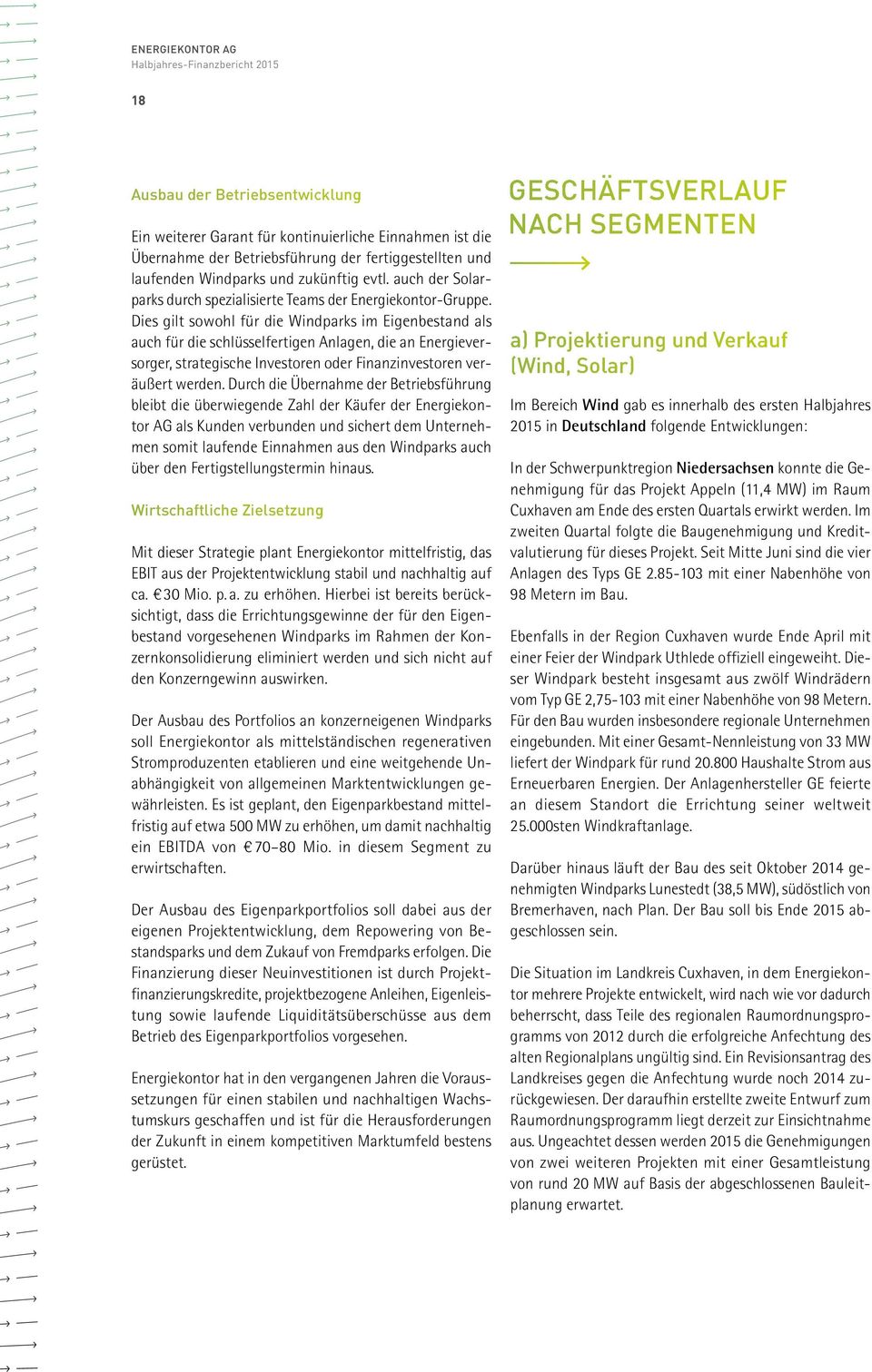 Dies gilt sowohl für die Windparks im Eigenbestand als auch für die schlüsselfertigen Anlagen, die an Energieversorger, strategische Investoren oder Finanzinvestoren veräußert werden.