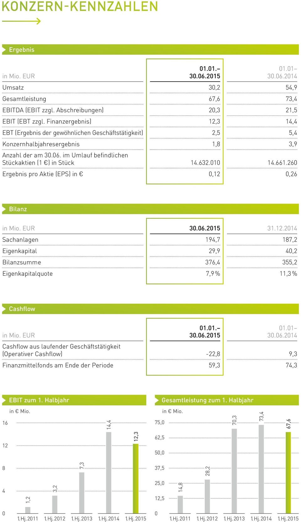 010 14.661.260 Ergebnis pro Aktie (EPS) in 0,12 0,26 Bilanz in Mio. EUR 30.06.2015 31.12.2014 Sachanlagen 194,7 187,2 Eigenkapital 29,9 40,2 Bilanzsumme 376,4 355,2 Eigenkapitalquote 7,9 % 11,3 % Cashflow in Mio.