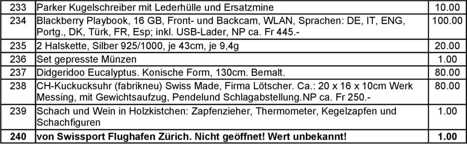 Konische Form, 130cm. Bemalt. 80.00 238 CH-Kuckucksuhr (fabrikneu) Swiss Made, Firma Lötscher. Ca.: 20 x 16 x 10cm Werk 80.