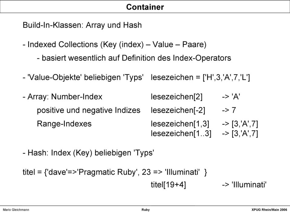 -> 'A' positive und negative Indizes lesezeichen[-2] -> 7 Range-Indexes lesezeichen[1,3] -> [3,'A',7] lesezeichen[1.