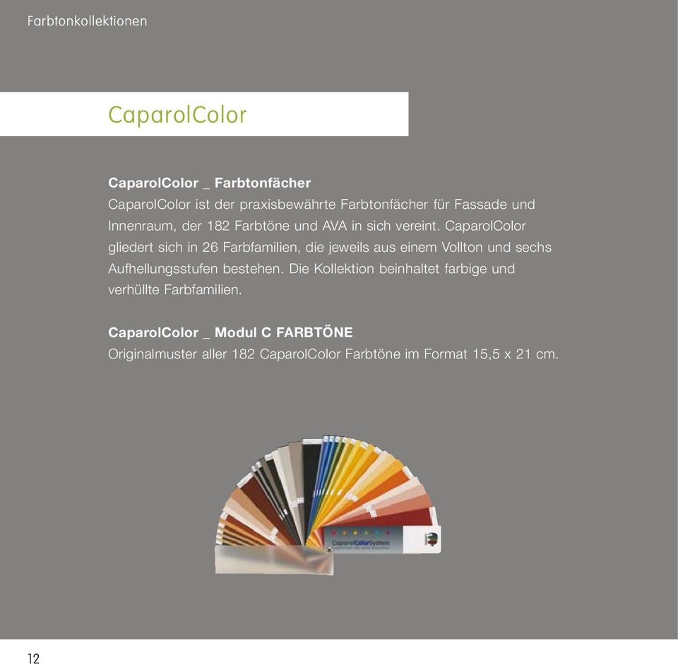 CaparolColor gliedert sich in 26 Farbfamilien, die jeweils aus einem Vollton und sechs Aufhellungsstufen bestehen.