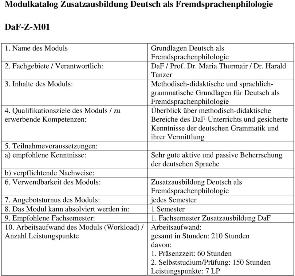 Qualifikationsziele des Moduls / zu erwerbende Kompetenzen: Überblick über methodisch-didaktische Bereiche des DaF-Unterrichts und gesicherte Kenntnisse der deutschen Grammatik und ihrer Vermittlung