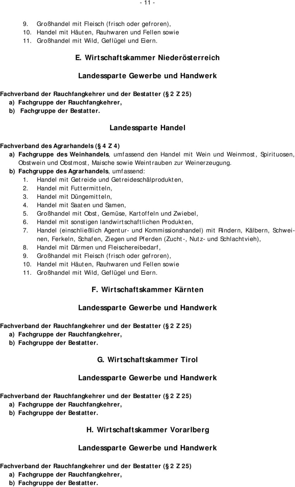 Landessparte Handel Fachverband des Agrarhandels ( 4 Z 4) a) Fachgruppe des Weinhandels, umfassend den Handel mit Wein und Weinmost, Spirituosen, Obstwein und Obstmost, Maische sowie Weintrauben zur