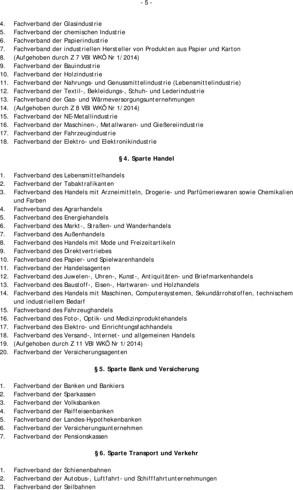 Fachverband der Textil-, Bekleidungs-, Schuh- und Lederindustrie 13. Fachverband der Gas- und Wärmeversorgungsunternehmungen 14. (Aufgehoben durch Z 8 VBl WKÖ Nr 1/2014) 15.