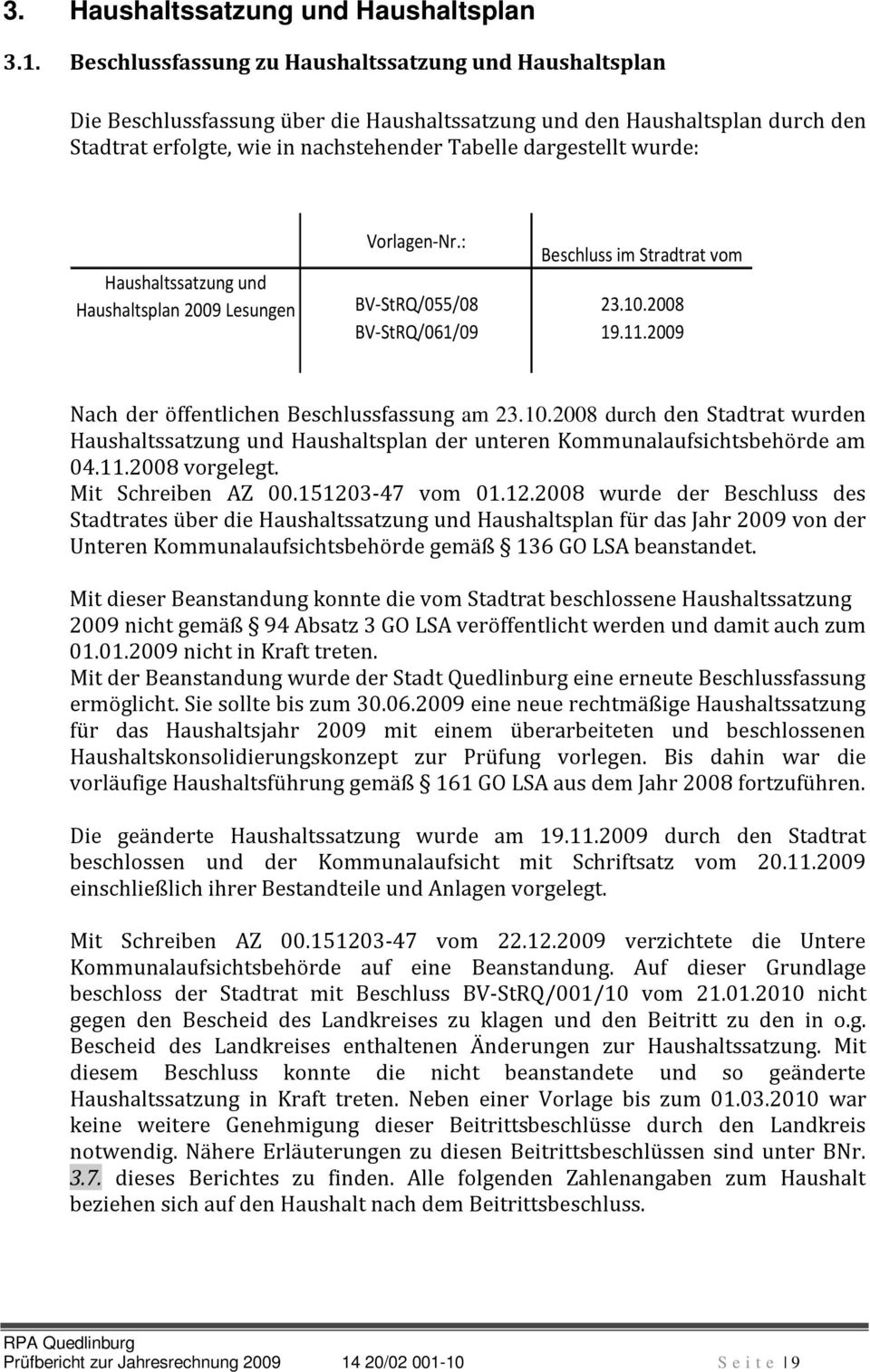 wurde: Haushaltssatzung und Haushaltsplan 2009 Lesungen Vorlagen-Nr.: Beschluss im Stradtrat vom BV-StRQ/055/08 23.10.