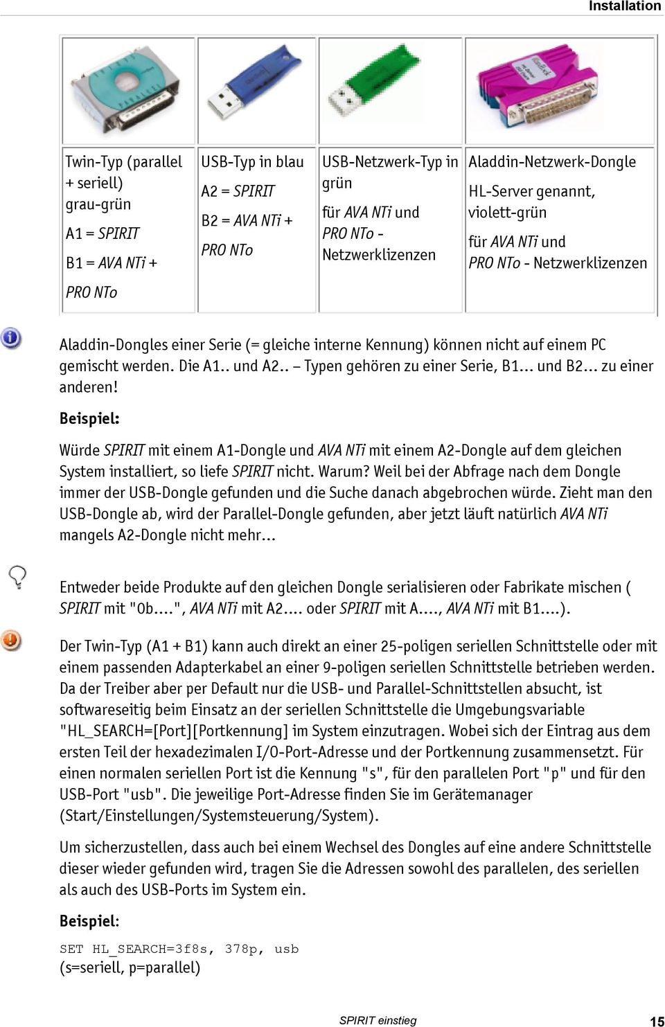 . Type gehöre zu eier Serie, B1... ud B2... zu eier adere! Beispiel: Würde SPIRIT mit eiem A1-Dogle ud AVA NTi mit eiem A2-Dogle auf dem gleiche System istalliert, so liefe SPIRIT icht. Warum?