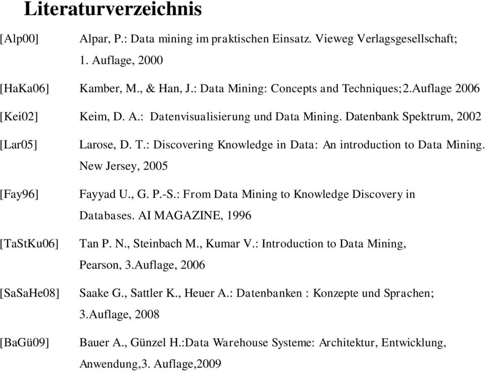 : Discovering Knowledge in Data: An introduction to Data Mining. New Jersey, 2005 Fayyad U., G. P.-S.: From Data Mining to Knowledge Discovery in Databases. AI MAGAZINE, 1996 Tan P. N., Steinbach M.
