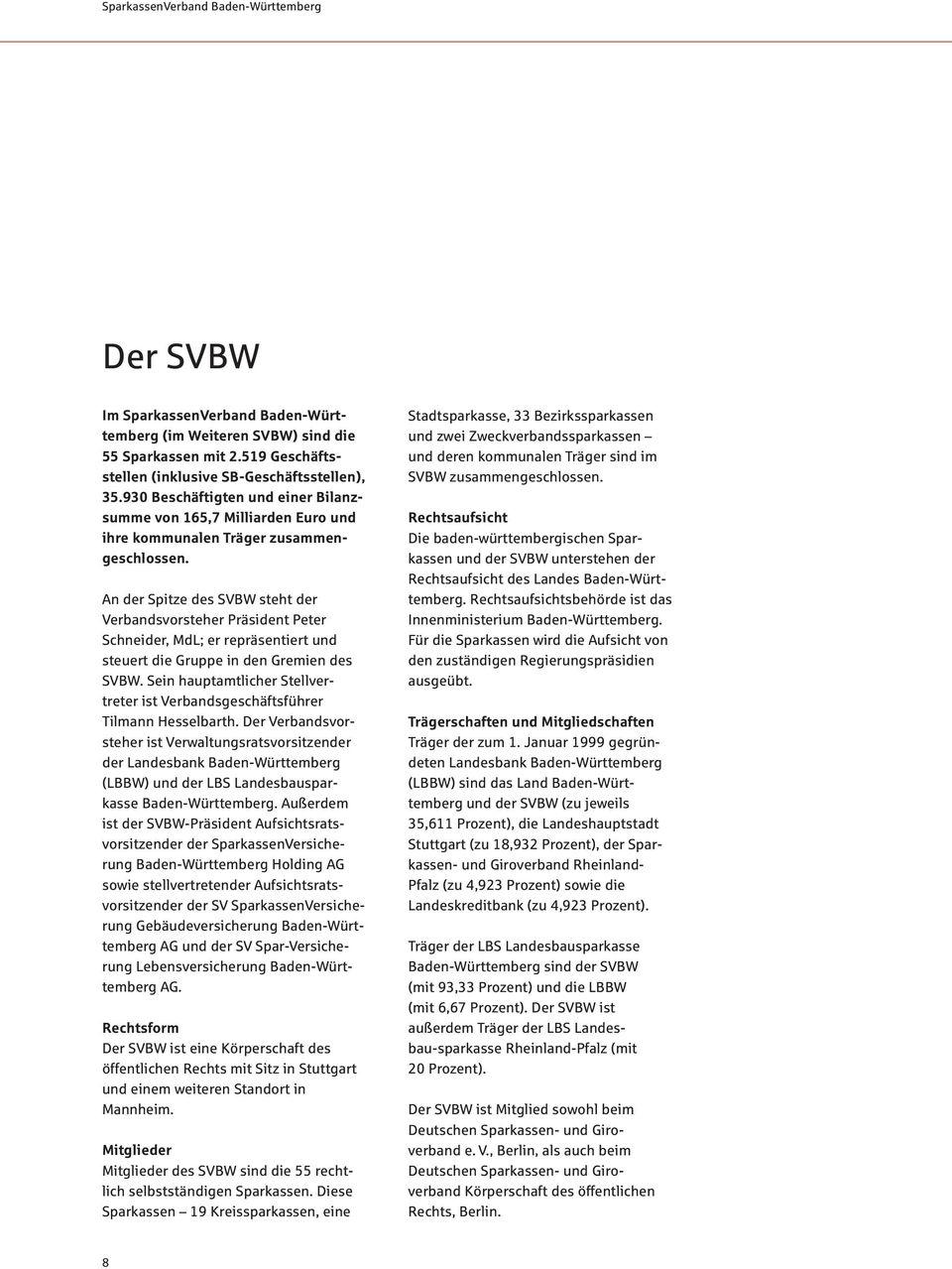 An der Spitze des SVBW steht der Verbandsvorsteher Präsident Peter Schneider, MdL; er repräsentiert und steuert die Gruppe in den Gremien des SVBW.