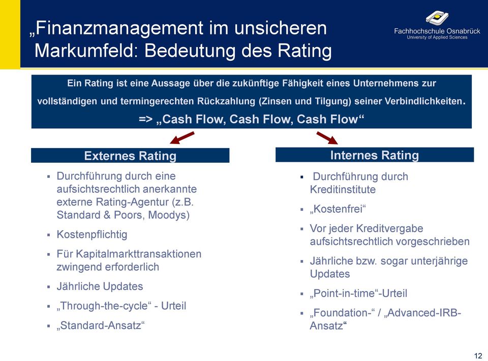 ndlichkeiten. => Cash Flow, Cash Flow, Cash Flow Externes Rating Durchführung durch eine aufsichtsrechtlich anerkannte externe Rating-Agentur (z.b.