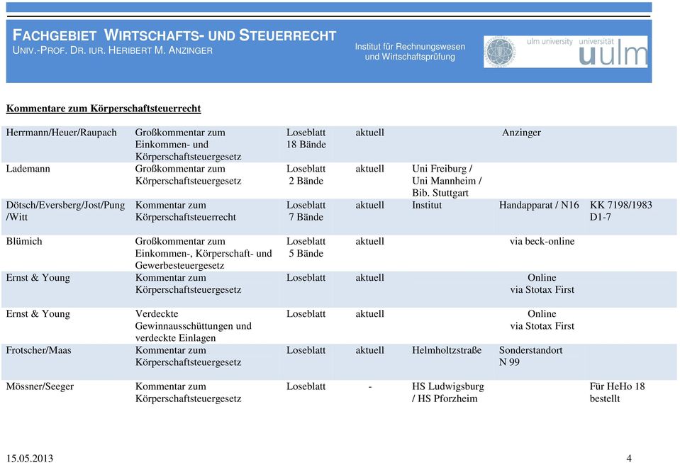 Stuttgart Institut Handapparat / N16 KK 7198/1983 D1-7 Blümich Ernst & Young Einkommen-, Körperschaft- und Gewerbesteuergesetz Körperschaftsteuergesetz 5 Bände via beck-online