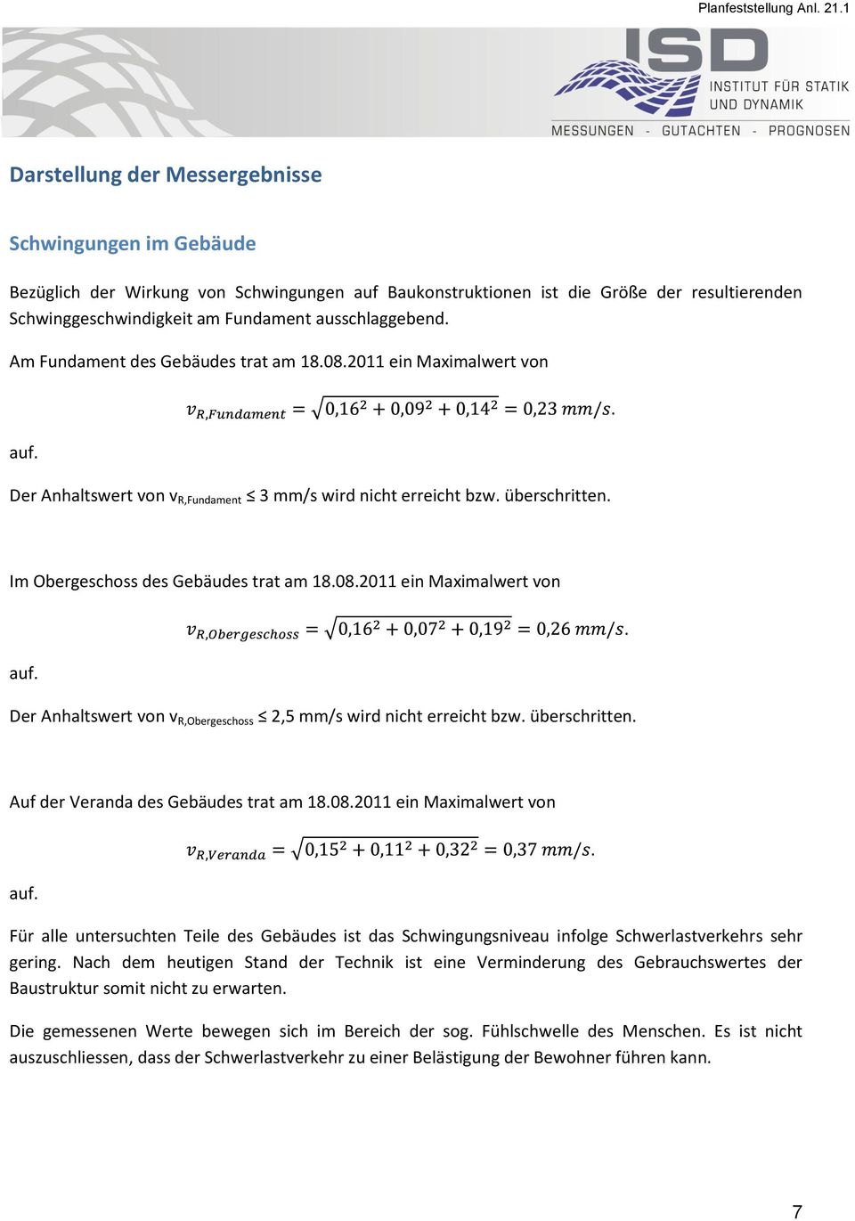 . Im Obergeschoss des Gebäudes trat am 18.08.2011 ein Maximalwert von. auf. Der Anhaltswert von v R,Obergeschoss 2,5 mm/s wird nicht erreicht bzw. überschritten.