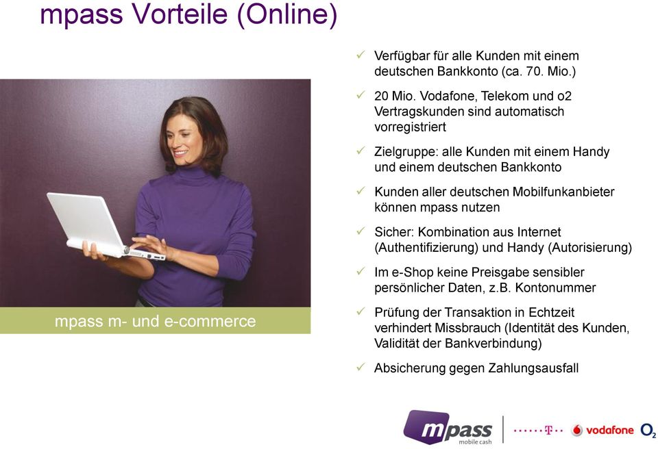deutschen Mobilfunkanbieter können mpass nutzen Sicher: Kombination aus Internet (Authentifizierung) und Handy (Autorisierung) Im e-shop keine Preisgabe