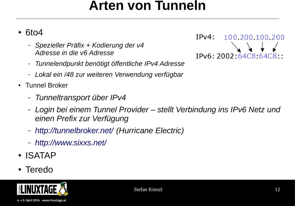 Tunneltransport über IPv4 Login bei einem Tunnel Provider stellt Verbindung ins IPv6 Netz und einen