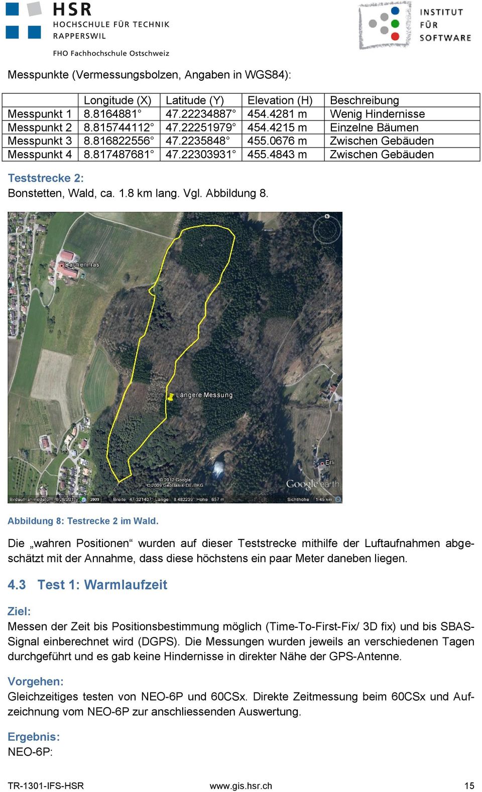 4843 m Zwischen Gebäuden Teststrecke 2: Bonstetten, Wald, ca. 1.8 km lang. Vgl. Abbildung 8. Abbildung 8: Testrecke 2 im Wald.