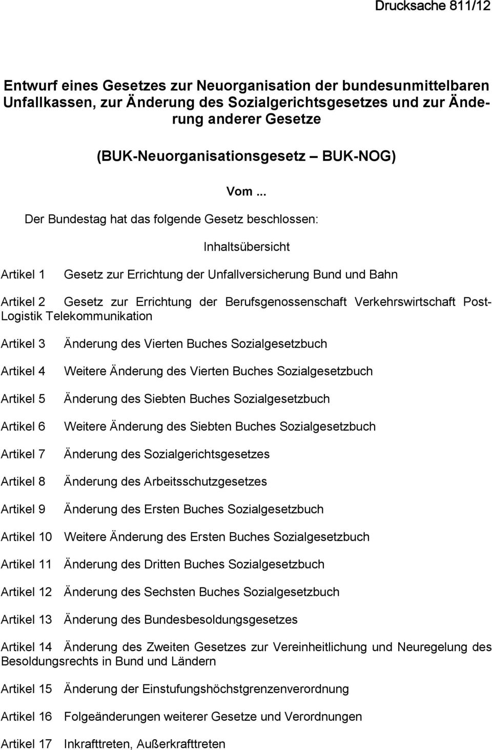 .. Der Bundestag hat das folgende Gesetz beschlossen: Inhaltsübersicht Artikel 1 Gesetz zur Errichtung der Unfallversicherung Bund und Bahn Artikel 2 Gesetz zur Errichtung der Berufsgenossenschaft