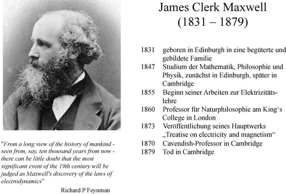 Familie 1847 Studium der Mathematik, Philosophie und Physik, zunächst in Edinburgh, später in Cambridge 1855 Beginn seiner Arbeiten zur Elektrizitätslehre 1860 Professor für