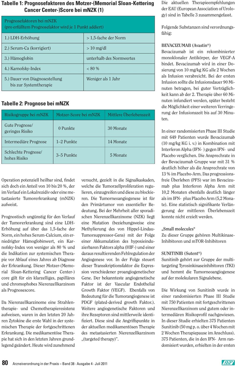 ) Dauer von Diagnosestellung bis zur Systemtherapie Tabelle 2: Prognose bei mnzk Weniger als 1 Jahr Risikogruppe bei mnzk Motzer-Score bei mnzk Mittlere Überlebenszeit Gute Prognose/ geringes Risiko