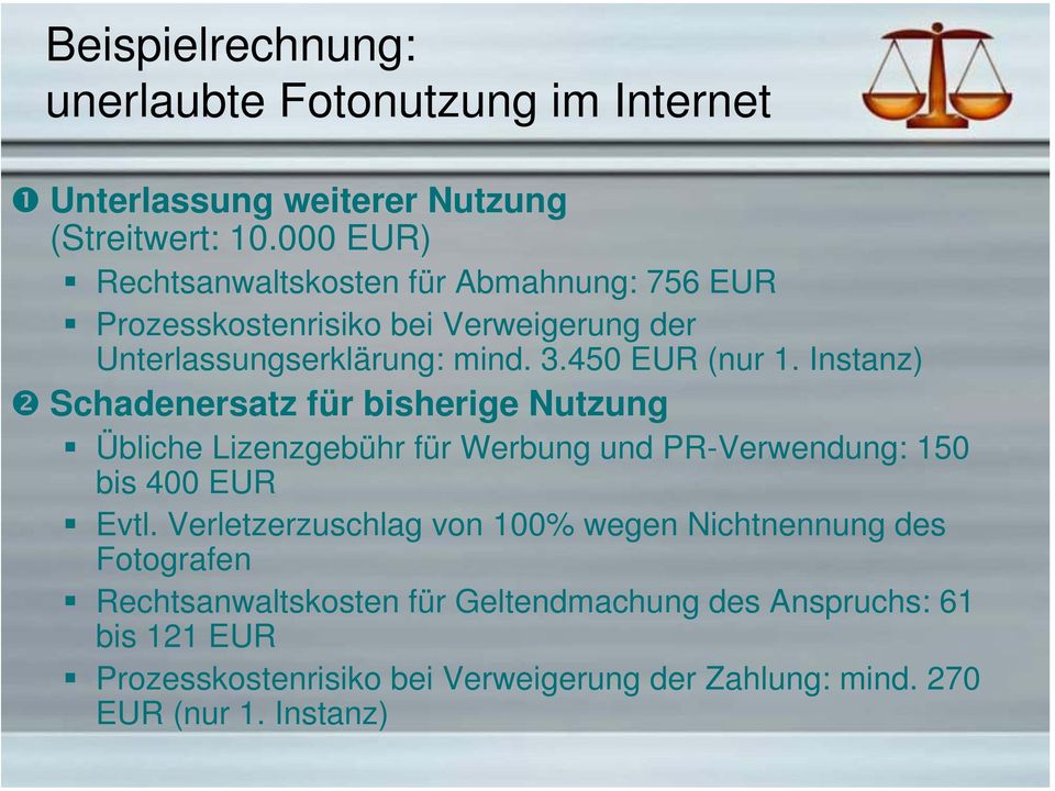 Instanz) Schadenersatz für bisherige Nutzung Übliche Lizenzgebühr für Werbung und PR-Verwendung: 150 bis 400 EUR Evtl.