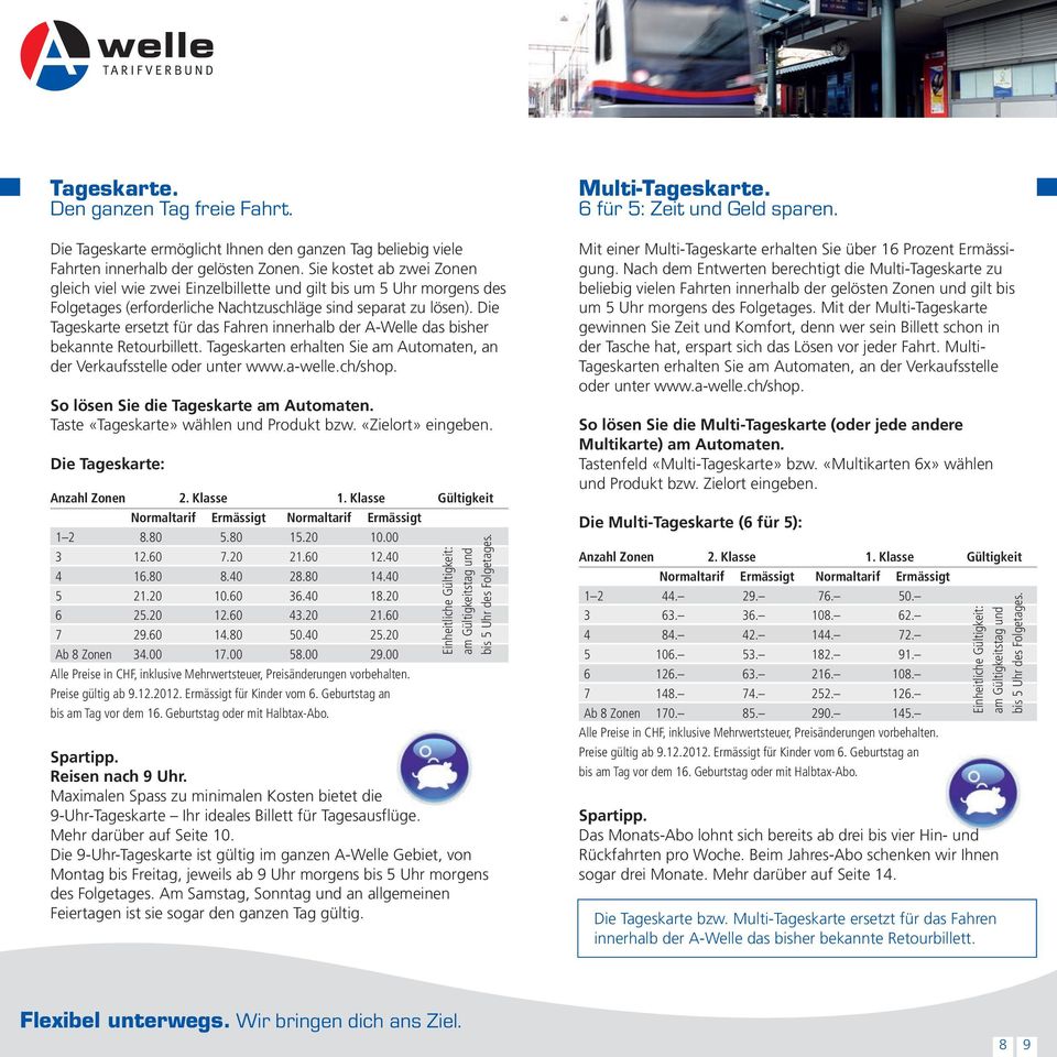 Die Tageskarte ersetzt für das Fahren innerhalb der A-Welle das bisher bekannte Retourbillett. Tageskarten erhalten Sie am Automaten, an der Verkaufsstelle oder unter www.a-welle.ch/shop.