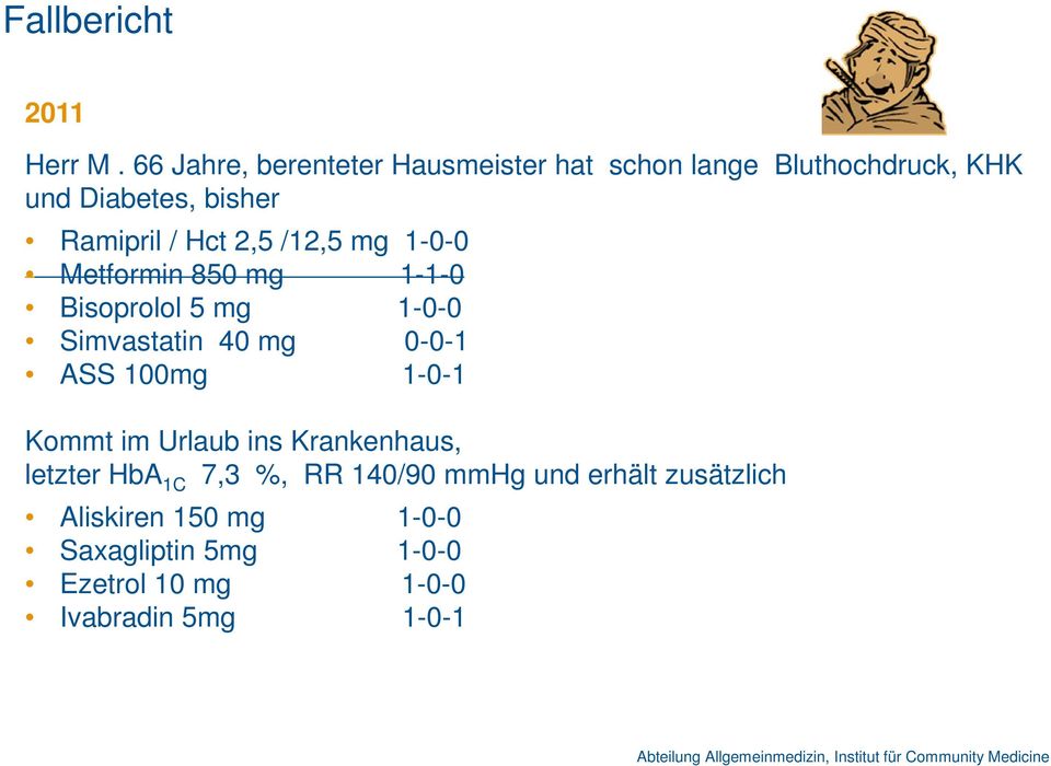 Hct 2,5 /12,5 mg 1-0-0 Metformin 850 mg 1-1-0 Bisoprolol 5 mg 1-0-0 Simvastatin 40 mg 0-0-1 ASS 100mg