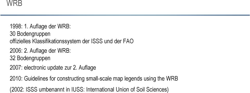 der FAO 2006: 2. Auflage der WRB: 32 Bodengruppen 2007: electronic update zur 2.