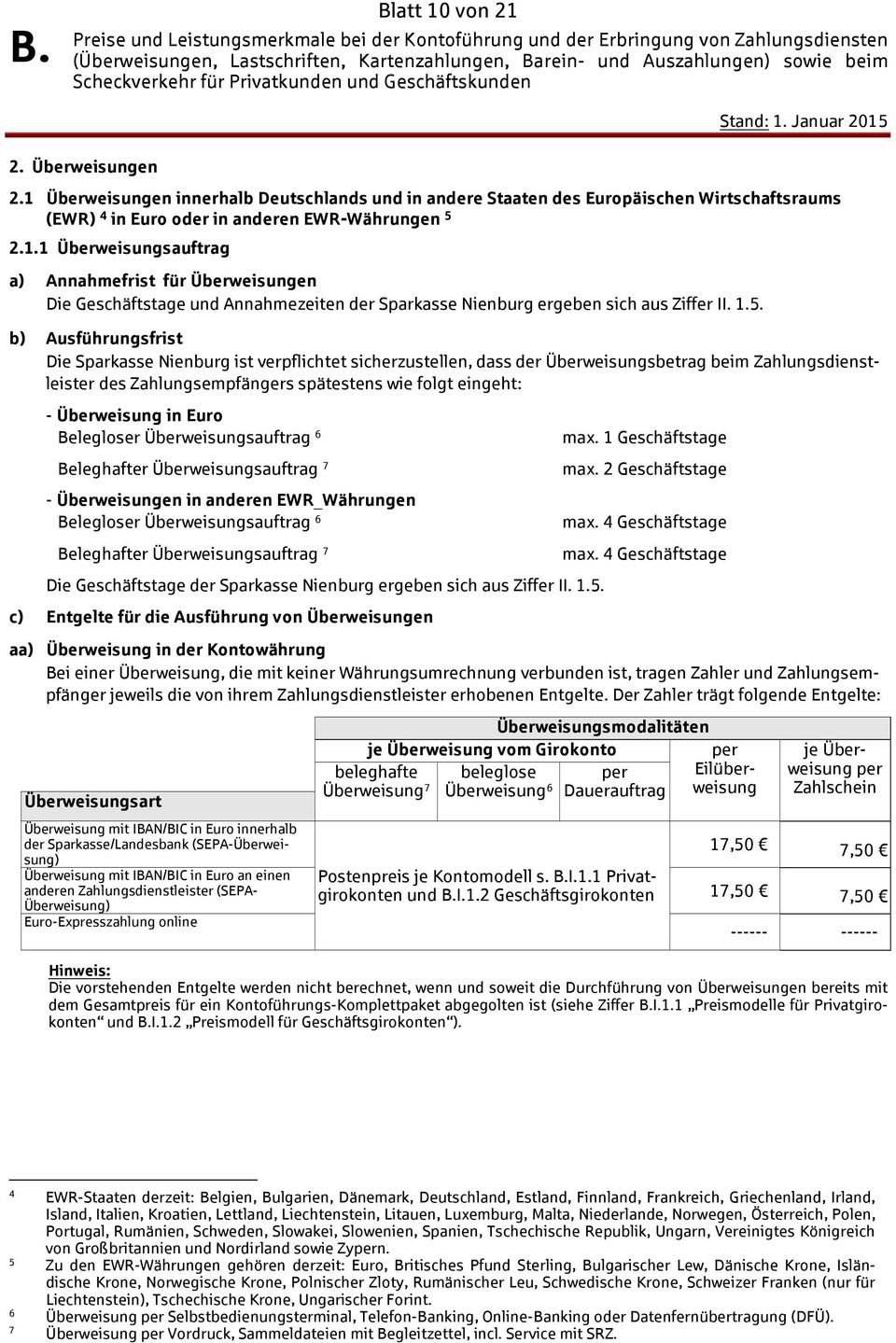 1.5. b) Ausführungsfrist Die Sparkasse Nienburg ist verpflichtet sicherzustellen, dass der Überweisungsbetrag beim Zahlungsdienstleister des Zahlungsempfängers spätestens wie folgt eingeht: -