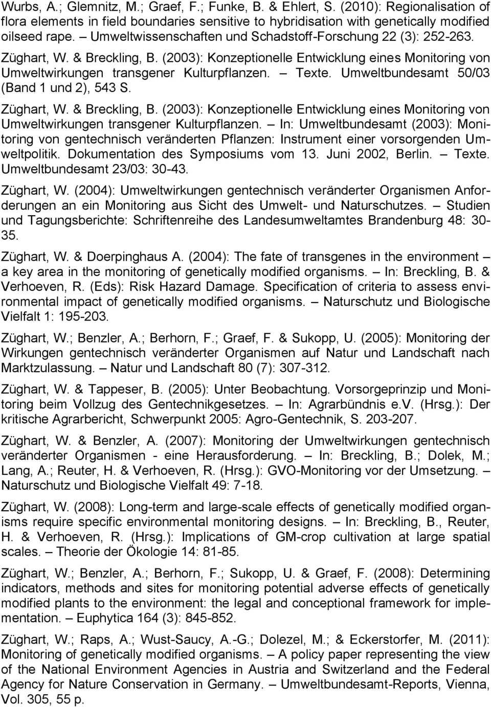 Umweltbundesamt 50/03 (Band 1 und 2), 543 S. Züghart, W. & Breckling, B. (2003): Konzeptionelle Entwicklung eines Monitoring von Umweltwirkungen transgener Kulturpflanzen.