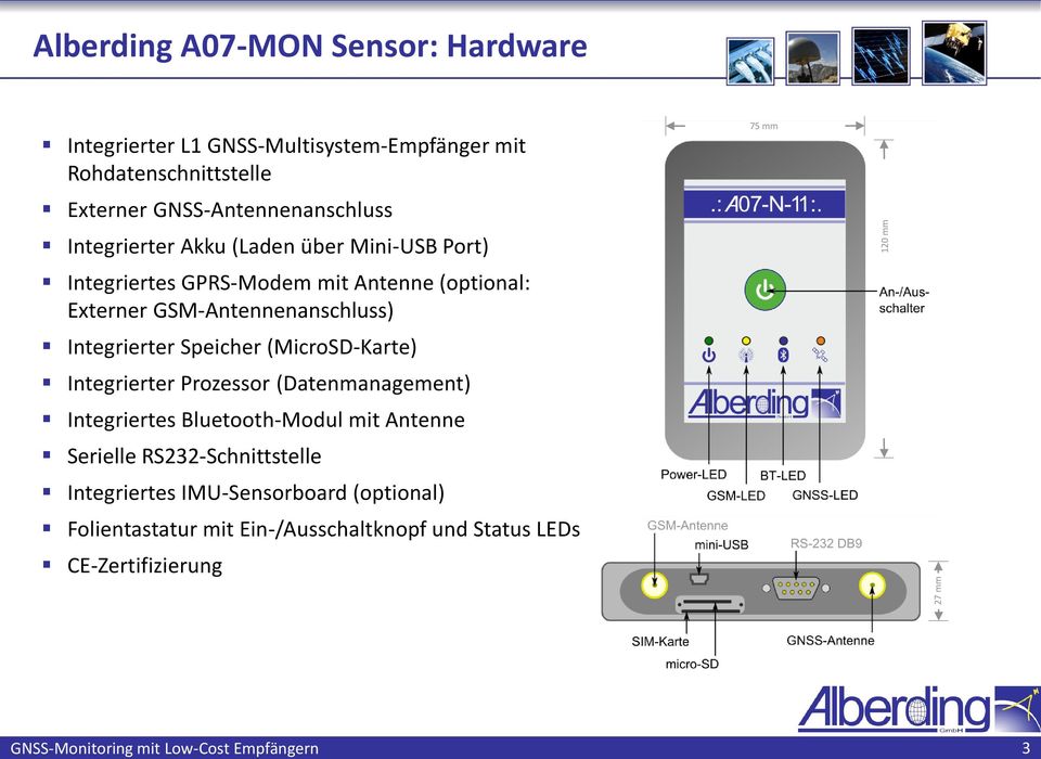 Externer GSM-Antennenanschluss) Integrierter Speicher (MicroSD-Karte) Integrierter Prozessor (Datenmanagement) Integriertes Bluetooth-Modul mit