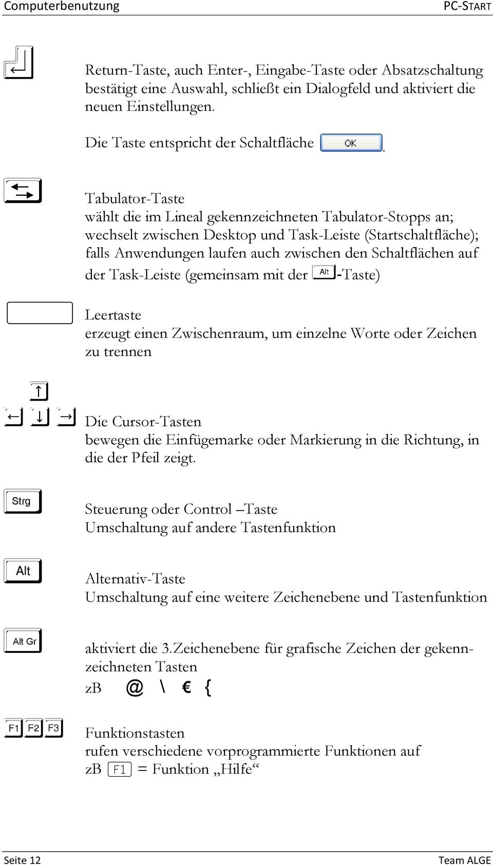 Tabulator-Taste wählt die im Lineal gekennzeichneten Tabulator-Stopps an; wechselt zwischen Desktop und Task-Leiste (Startschaltfläche); falls Anwendungen laufen auch zwischen den Schaltflächen auf