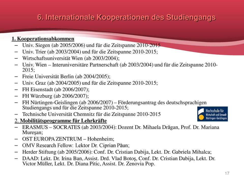 Wien Interuniversitäre Partnerschaft (ab 2003/2004) und für die Zeitspanne 2010-2015; Freie Universität Berlin (ab 2004/2005); Univ.