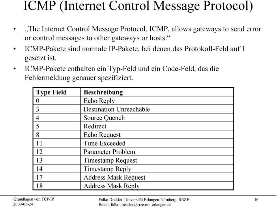 ICMP-Pakete enthalten ein Typ-Feld und ein Code-Feld, das die Fehlermeldung genauer spezifiziert.