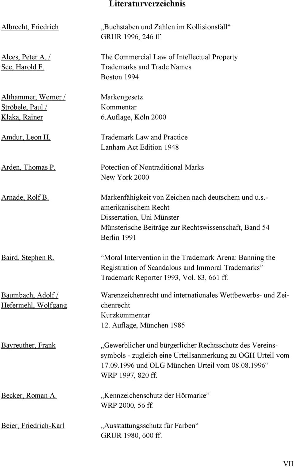 The Commercial Law of Intellectual Property Trademarks and Trade Names Boston 1994 Markengesetz Kommentar 6.