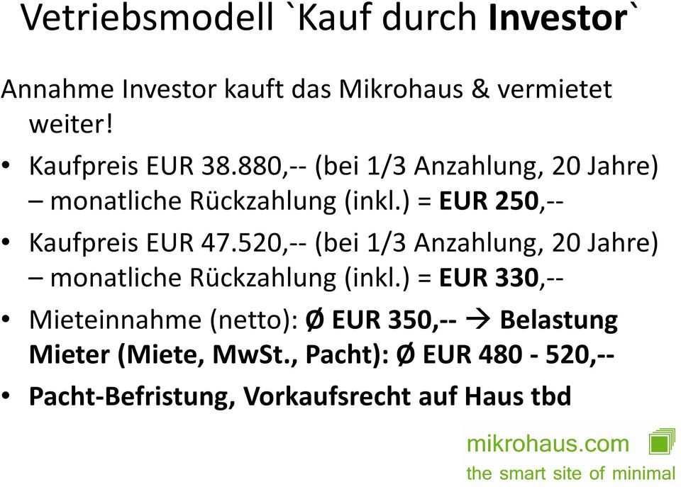 ) = EUR 250,-- Kaufpreis EUR 47.520,-- (bei 1/3 Anzahlung, 20 Jahre) monatliche Rückzahlung (inkl.