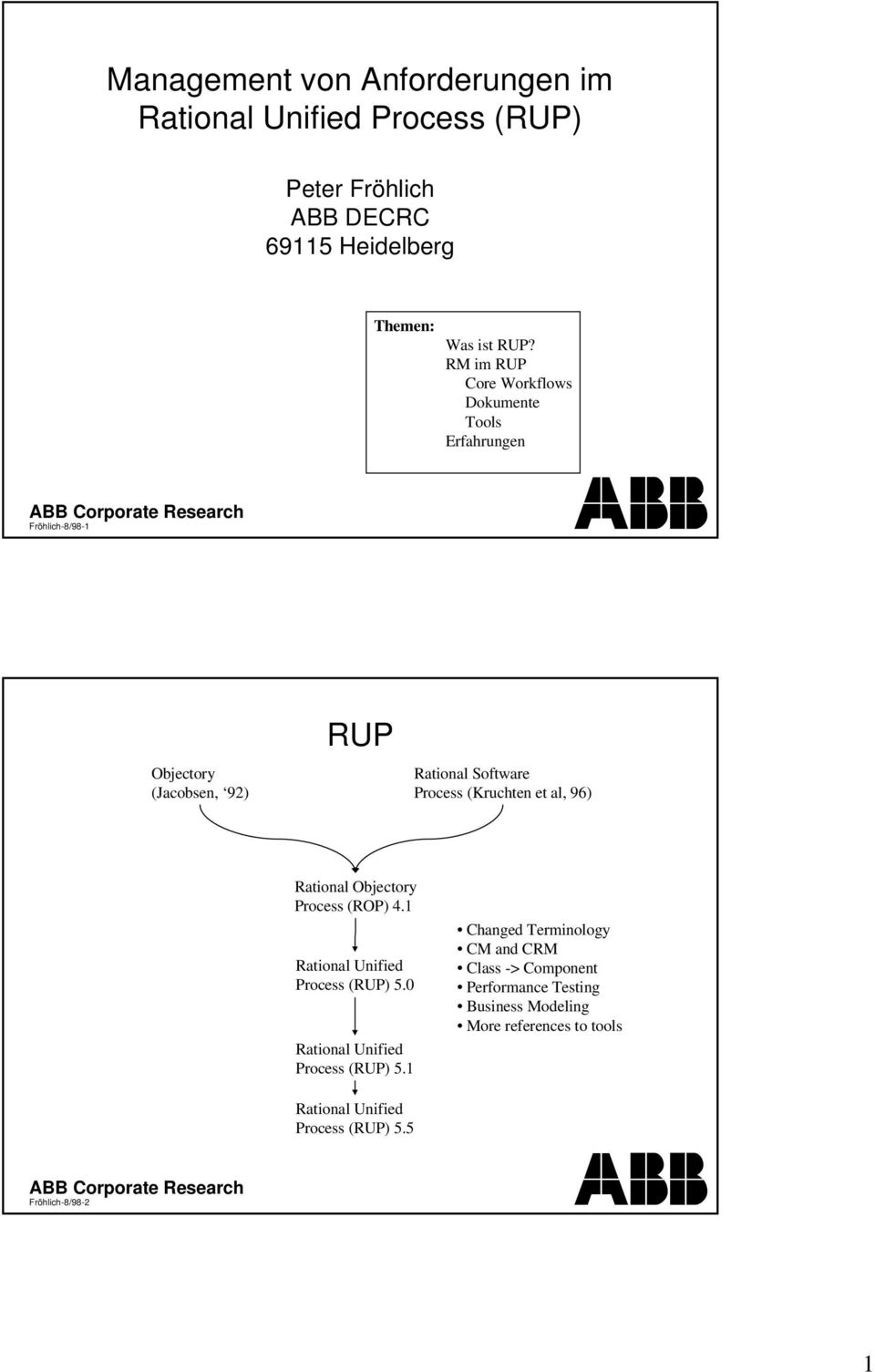 RM im RUP Core Workflows Dokumente Tools Erfahrungen RUP Objectory (Jacobsen, 92) Rational Software Process (Kruchten et al, 96)