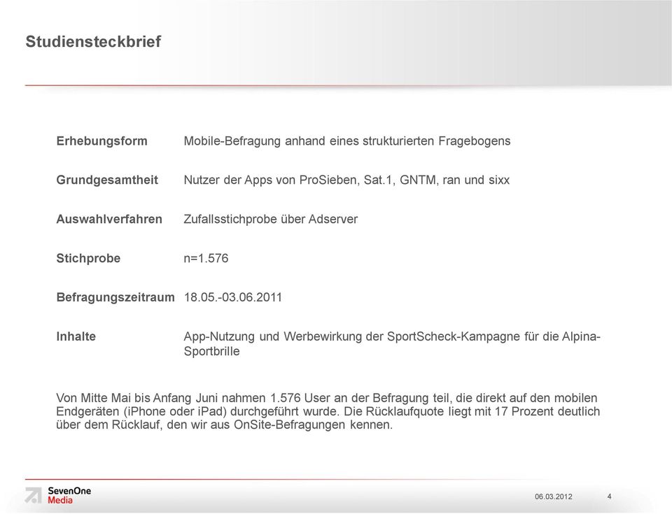 2011 Inhalte App-Nutzung und Werbewirkung der SportScheck-Kampagne für die Alpina- Sportbrille Von Mitte Mai bis Anfang Juni nahmen 1.