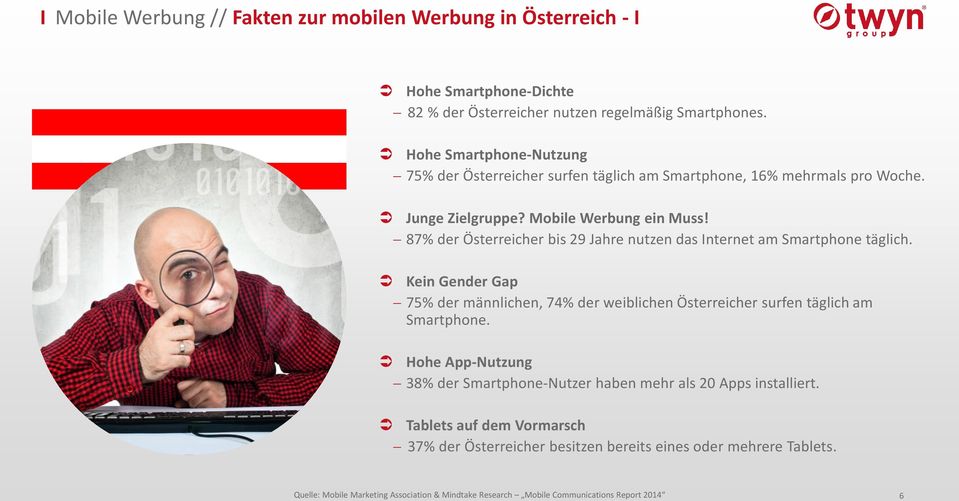 87% der Österreicher bis 29 Jahre nutzen das Internet am Smartphone täglich. Kein Gender Gap 75% der männlichen, 74% der weiblichen Österreicher surfen täglich am Smartphone.