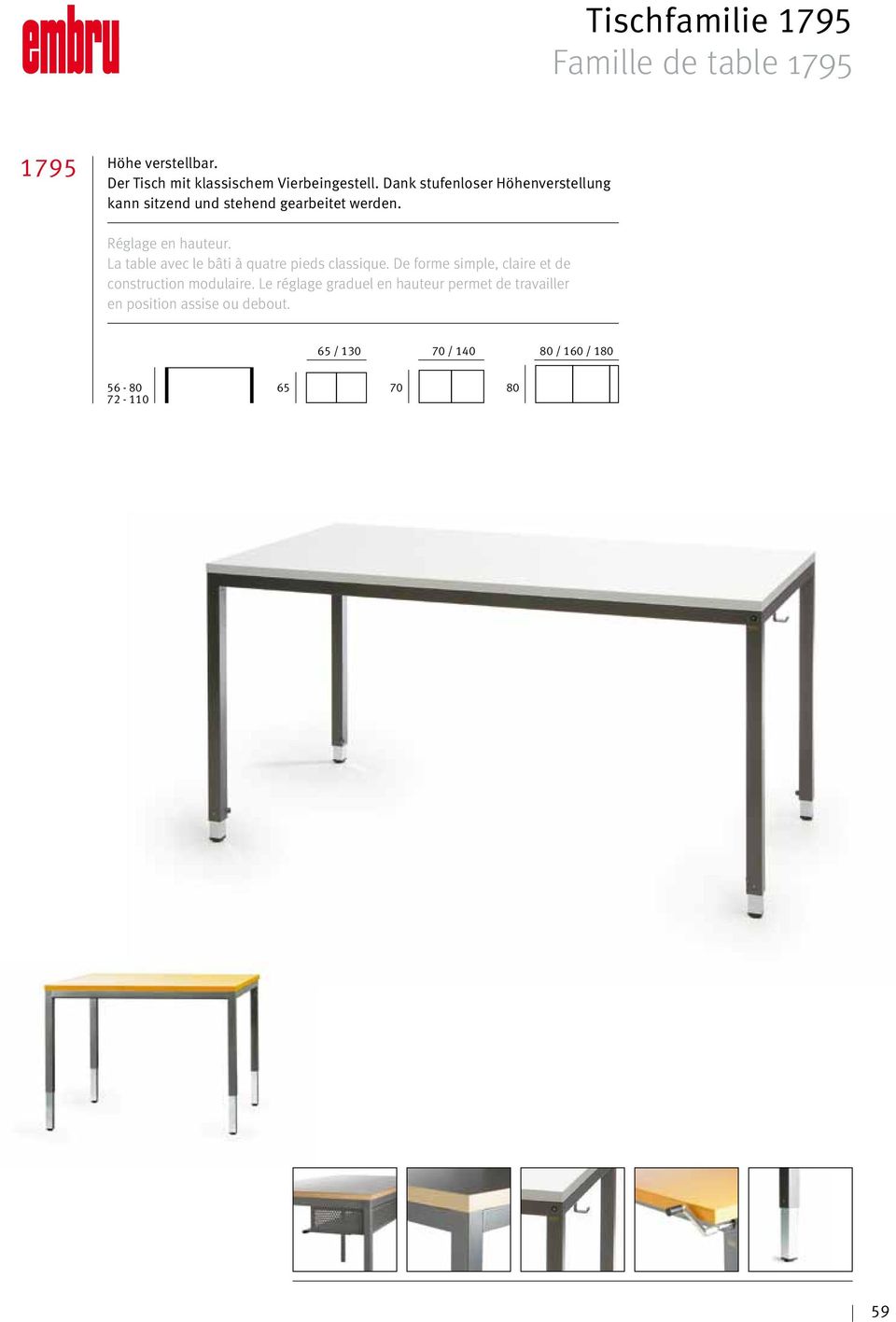 La table avec le bâti à quatre pieds classique. De forme simple, claire et de construction modulaire.