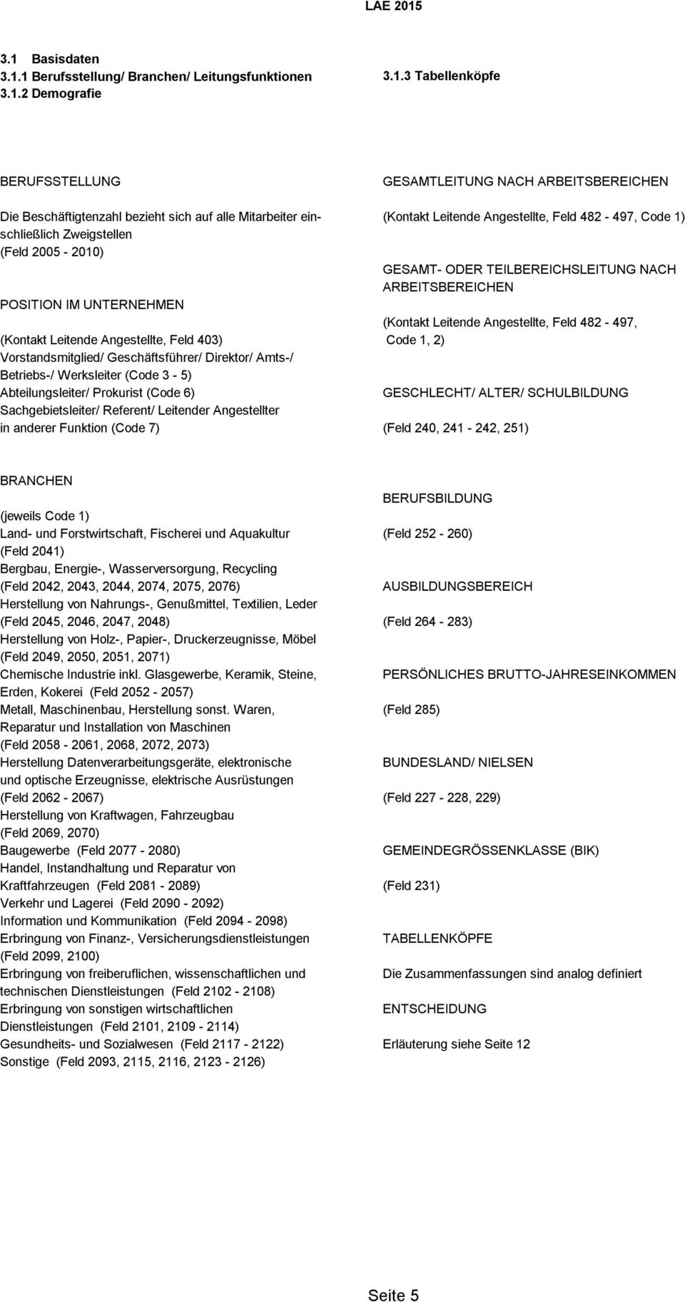 Leitende Angestellte, Feld 482-497, (Kontakt Leitende Angestellte, Feld 403) Code 1, 2) Vorstandsmitglied/ Geschäftsführer/ Direktor/ Amts-/ Betriebs-/ Werksleiter (Code 3-5) Abteilungsleiter/