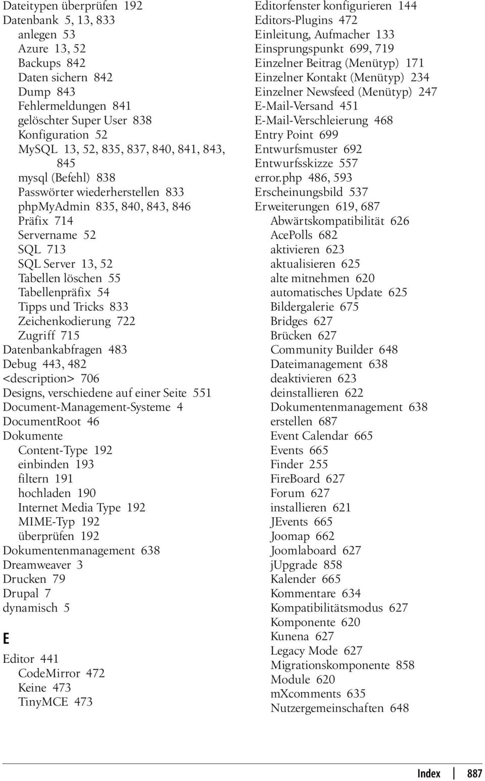 und Tricks 833 Zeichenkodierung 722 Zugriff 715 Datenbankabfragen 483 Debug 443, 482 <description> 706 Designs, verschiedene auf einer Seite 551 Document-Management-Systeme 4 DocumentRoot 46