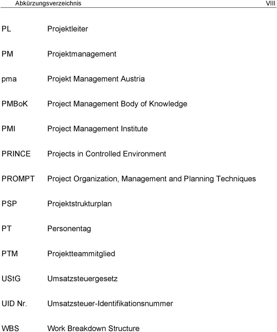 Environment PROMPT Project Organization, Management and Planning Techniques PSP Projektstrukturplan PT