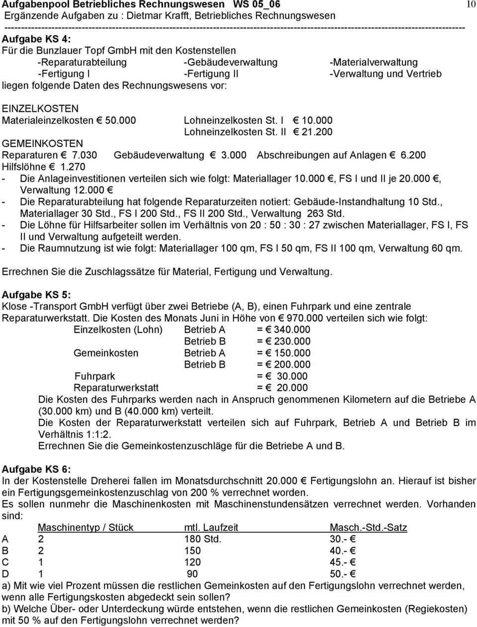 000 Abschreibungen auf Anlagen 6.200 Hilfslöhne 1.270 - Die Anlageinvestitionen verteilen sich wie folgt: Materiallager 10.000, FS I und II je 20.000, Verwaltung 12.