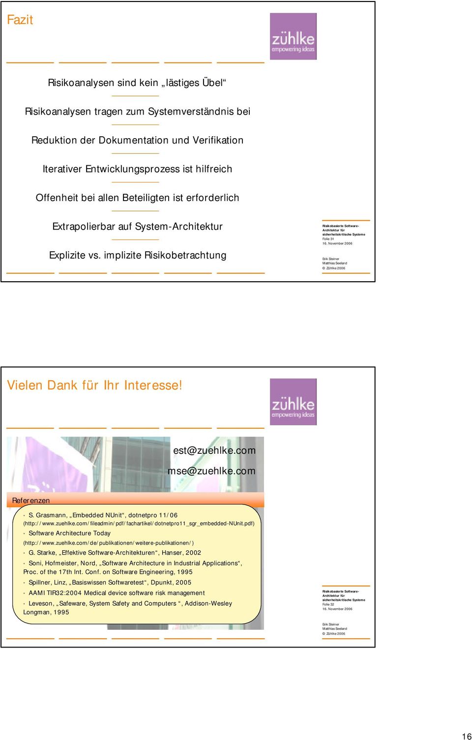 Grasmann, Embedded NUnit, dotnetpro 11/06 (http://www.zuehlke.com/fileadmin/pdf/fachartikel/dotnetpro11_sgr_embedded-pdf) Software Architecture Today (http://www.zuehlke.com/de/publikationen/weitere-publikationen/) G.