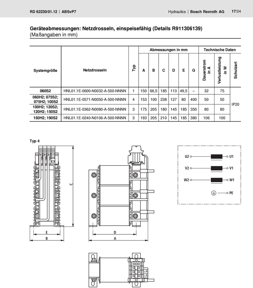 Technische Daten Systemgröße Netzdrosseln Typ A B C D E G Dauerstrom in A Verlustleistung in W Typ 4 U2 U1 V2 V1 W2 W1 C Schutzart 060S2 HNL01.