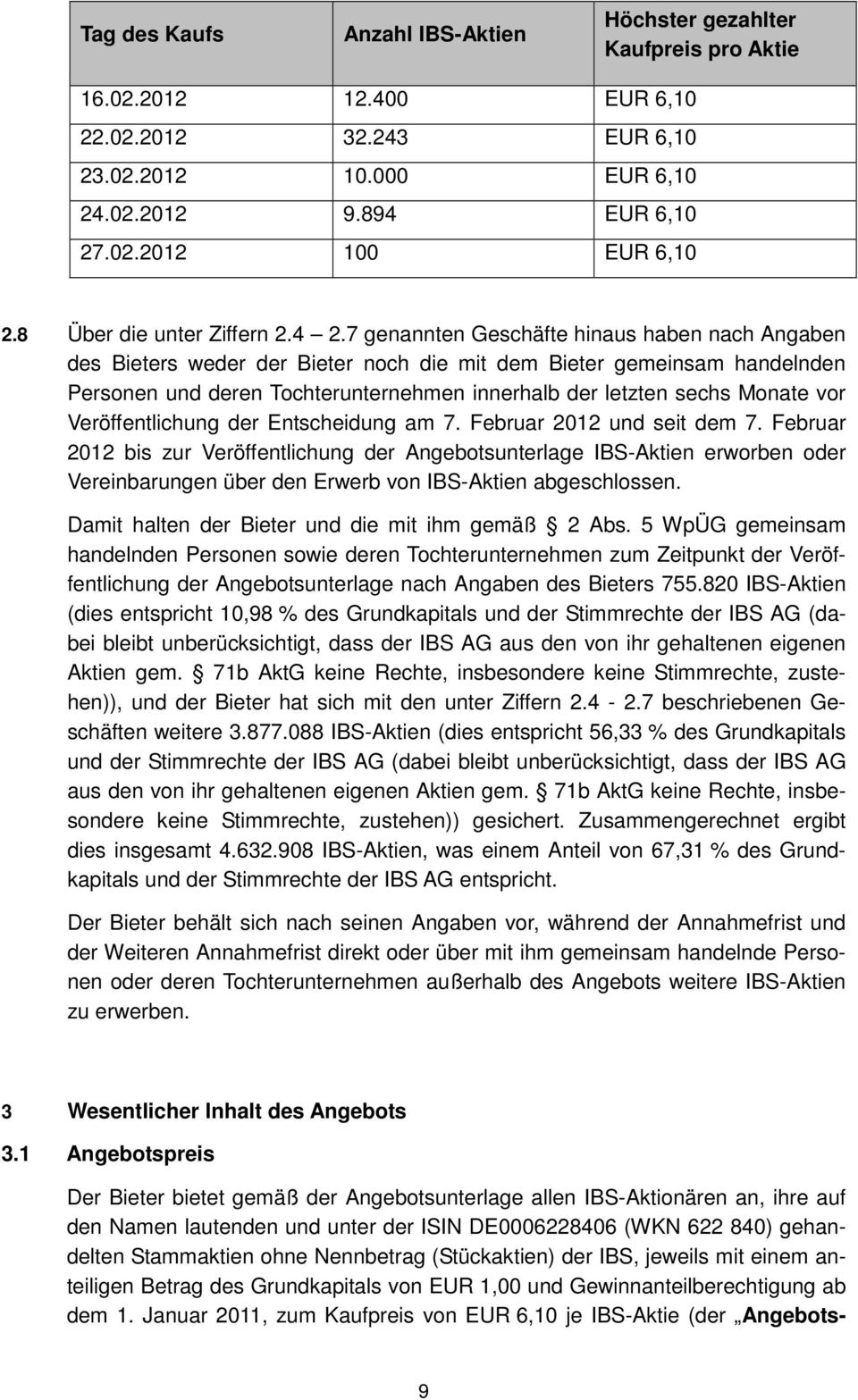 7 genannten Geschäfte hinaus haben nach Angaben des Bieters weder der Bieter noch die mit dem Bieter gemeinsam handelnden Personen und deren Tochterunternehmen innerhalb der letzten sechs Monate vor