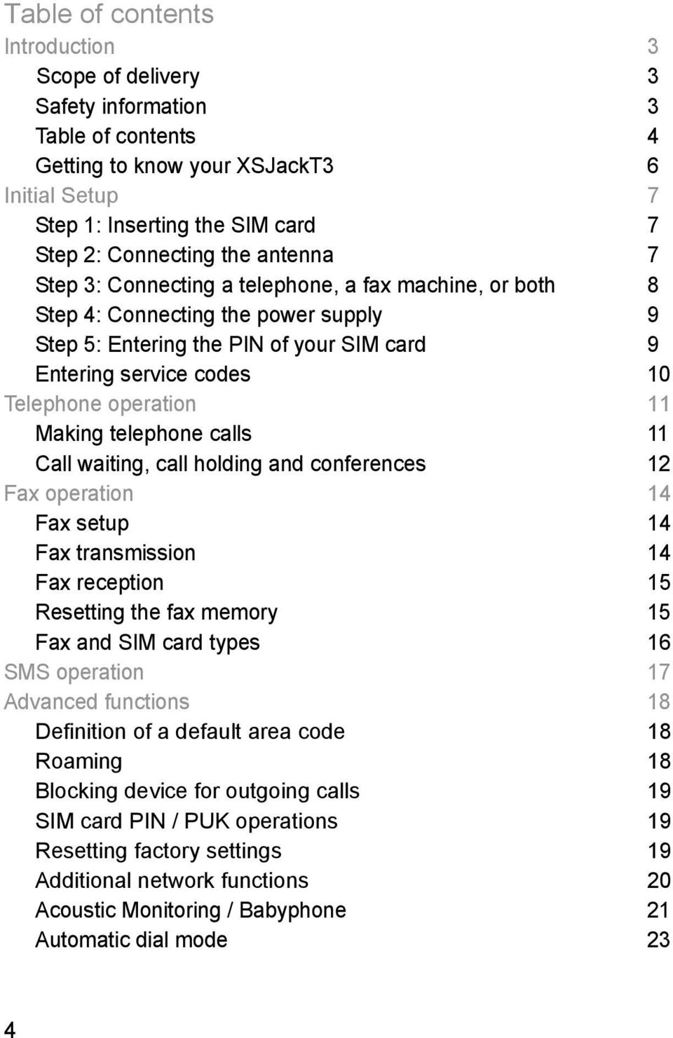 Making telephone calls 11 Call waiting, call holding and conferences 12 Fax operation 14 Fax setup 14 Fax transmission 14 Fax reception 15 Resetting the fax memory 15 Fax and SIM card types 16 SMS