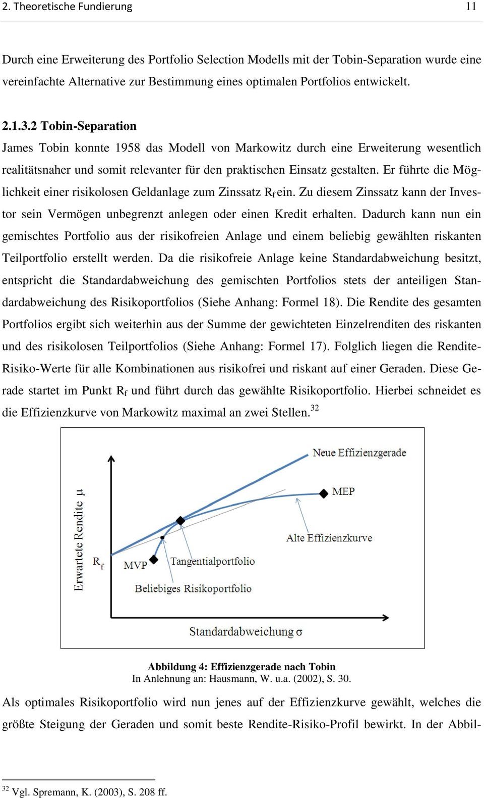 Er führte die Möglichkeit einer risikolosen Geldanlage zum Zinssatz R f ein. Zu diesem Zinssatz kann der Investor sein Vermögen unbegrenzt anlegen oder einen Kredit erhalten.