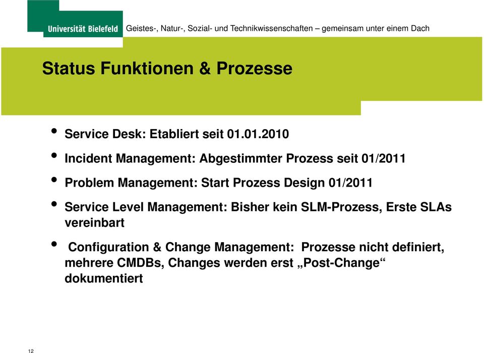 Prozess Design 01/2011 Service Level Management: Bisher kein SLM-Prozess, Erste SLAs