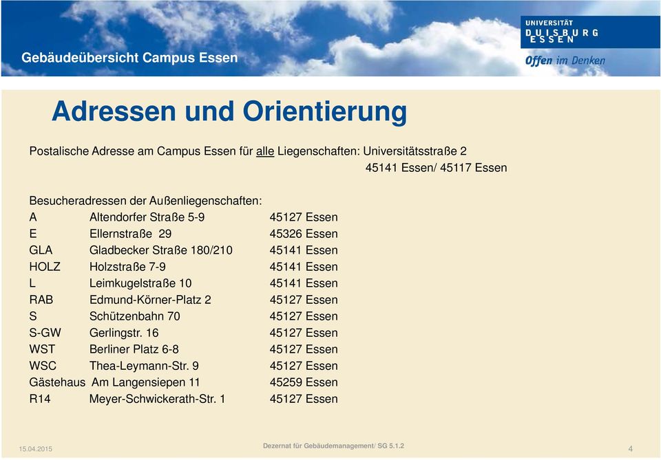 45141 Essen L Leimkugelstraße 10 45141 Essen RAB Edmund-Körner-Platz 2 45127 Essen S Schützenbahn 70 45127 Essen S-GW Gerlingstr.