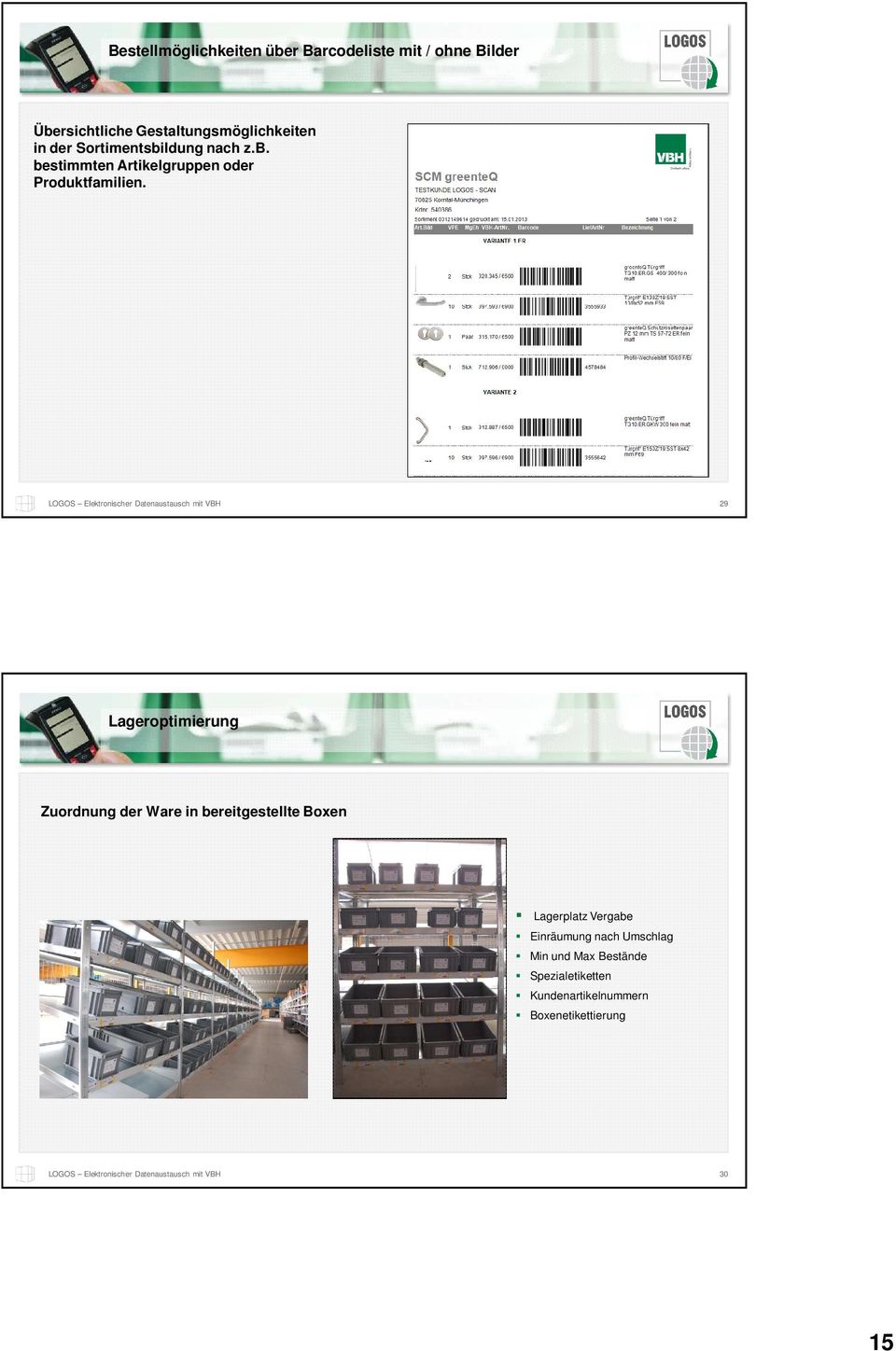 LOGOS Elektronischer Datenaustausch mit VBH 29 Lageroptimierung Zuordnung der Ware in bereitgestellte Boxen